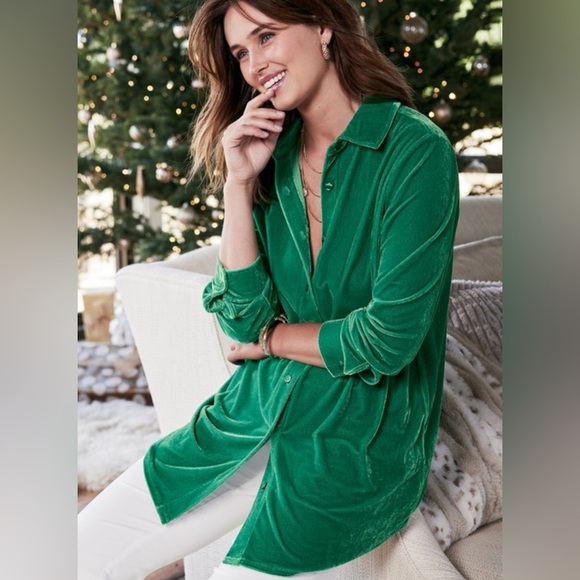 NWT Soft Surroundings Velvet Boyfriend Tunic Top Women’s S Button Up Green Boho - Picture 1 of 11